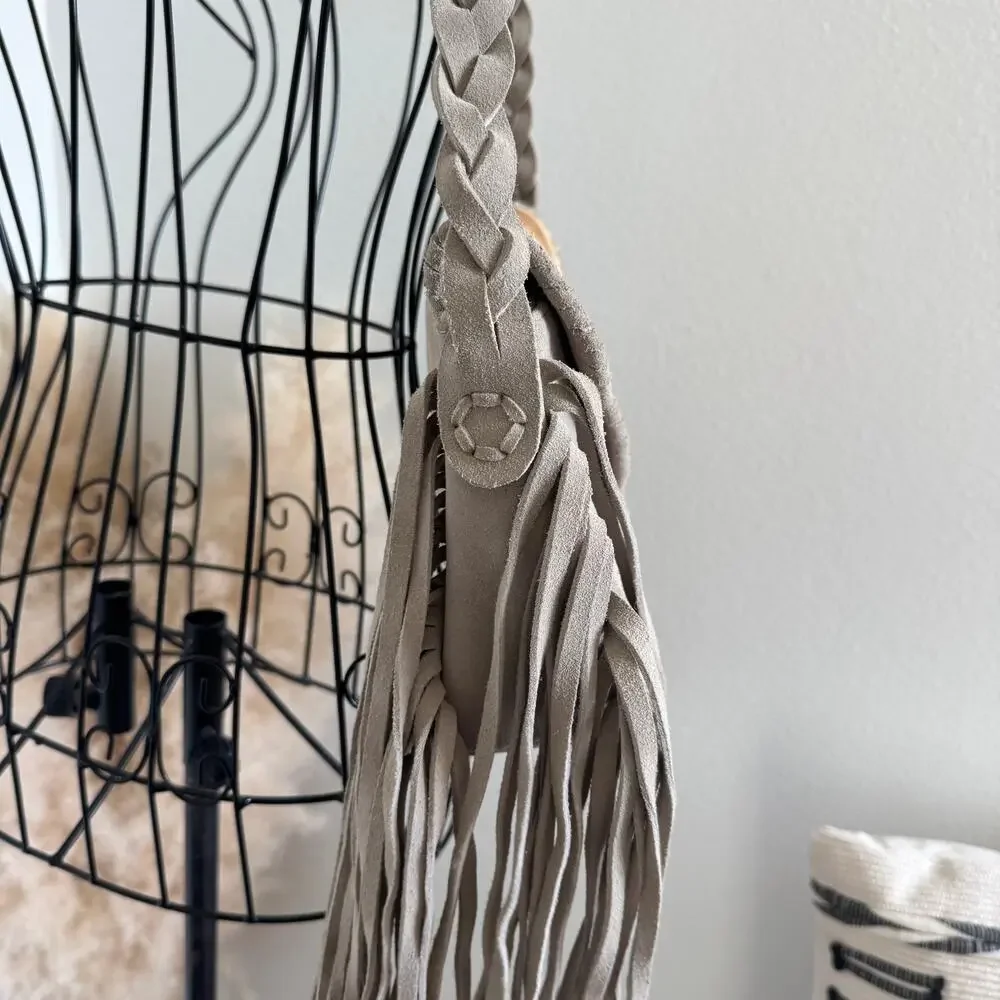 Zulia & Huipa Zina Fringe Shoulder Bag Suede & Cowhide Bone White Western